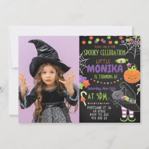 Halloween Witch Cat Pumpkin Birthday Uitnodiging