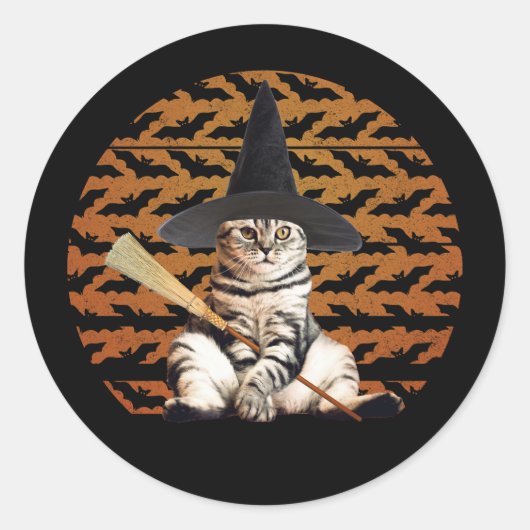 Halloween Witch Cat Ronde Sticker (Voorkant)
