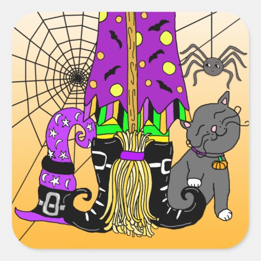 Halloween Witch, Cat, Spider en Broomstick Vierkante Sticker (Voorkant)