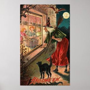 Halloween Witch, Cat Staring in Window Poster