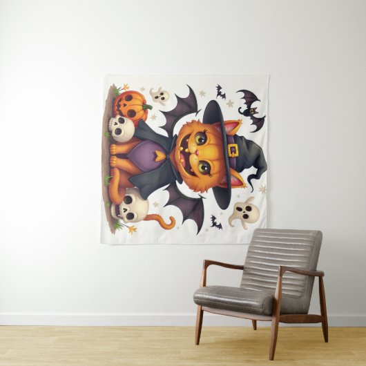 Halloween Witch Cat Tapestry Wandkleed (In Situ (horizontaal))