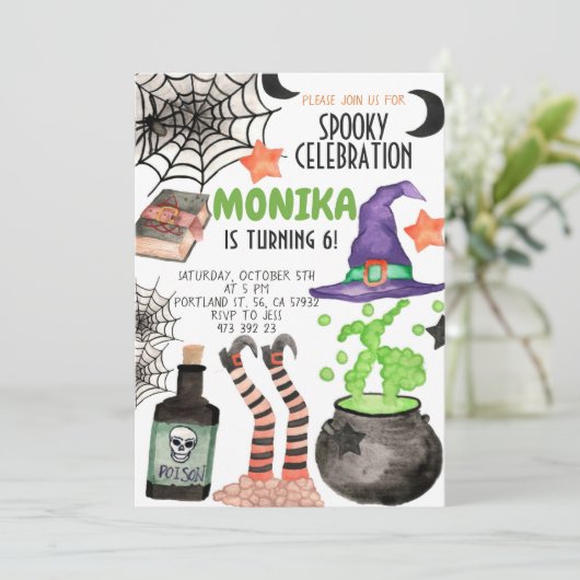Halloween Witch Cauldron Birthday Uitnodiging (Staand voorkant)