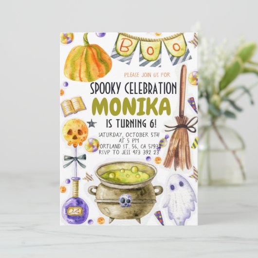 Halloween Witch Cauldron Birthday Uitnodiging (Staand voorkant)