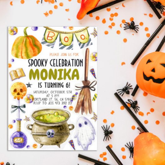 Halloween Witch Cauldron Birthday Uitnodiging