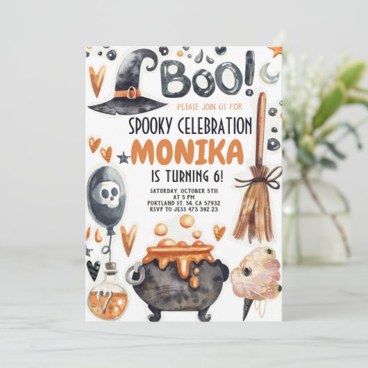Halloween Witch Cauldron Birthday Uitnodiging (Staand voorkant)