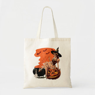 Halloween Witch Cauldron Pin Up Retro Pump Tote Bag