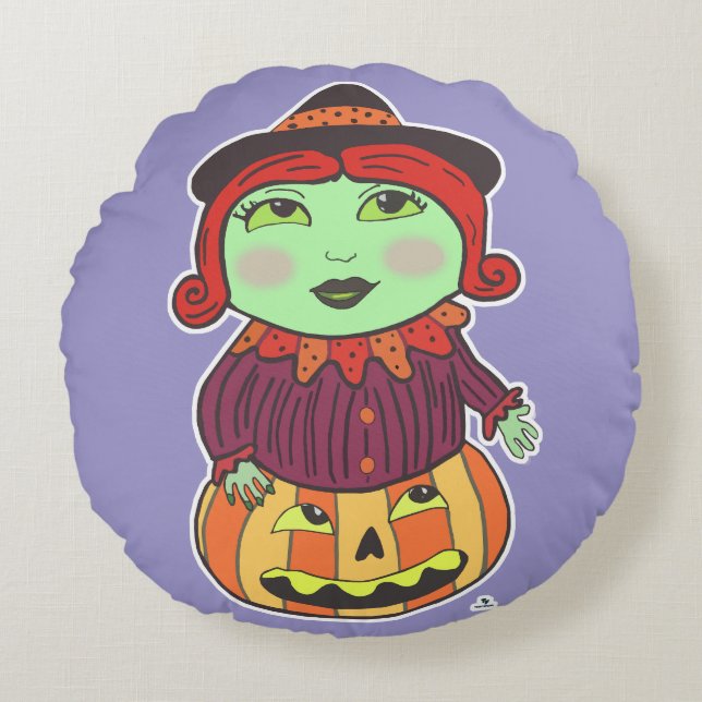 Halloween  Witch Classic Drawn Art Paarse Rond Kussen (Voorkant)