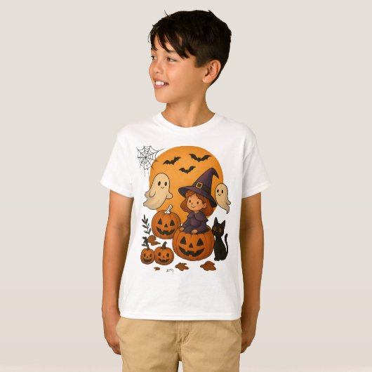 Halloween Witch Design with Ghosts, Pumpkins T-shirt (Voorkant volledig)