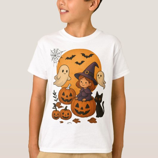 Halloween Witch Design with Ghosts, Pumpkins T-shirt (Voorkant)