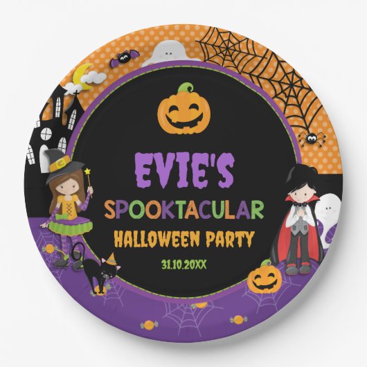 Halloween Witch Dracula Jack O Lantern Pumpkins Papieren Bordje (Voorkant)