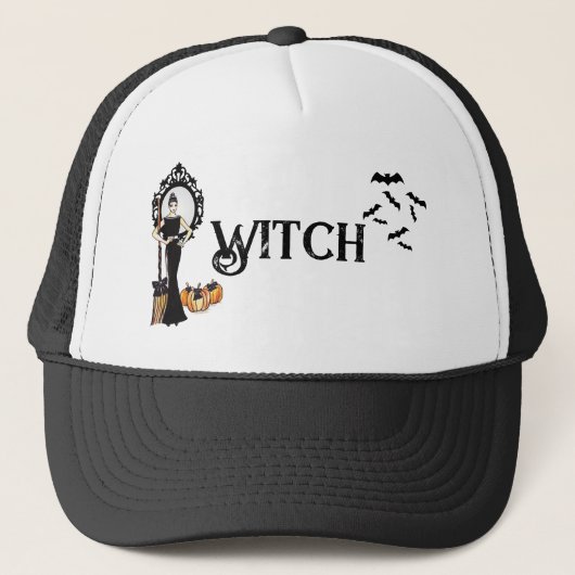 Halloween Witch Elegant Long Black Dress Mode Trucker Pet (Voorkant)