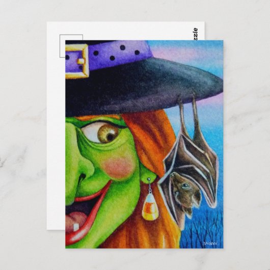 Halloween Witch en Bat Waterverf Art Briefkaart (Voorkant / Achterkant)