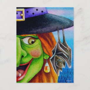 Halloween Witch en Bat Waterverf Art Briefkaart