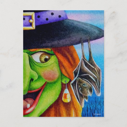 Halloween Witch en Bat Waterverf Art Briefkaart (Voorkant)