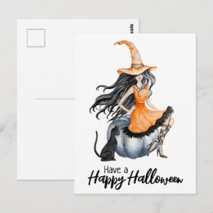 Halloween Witch en Black Cat Briefkaart