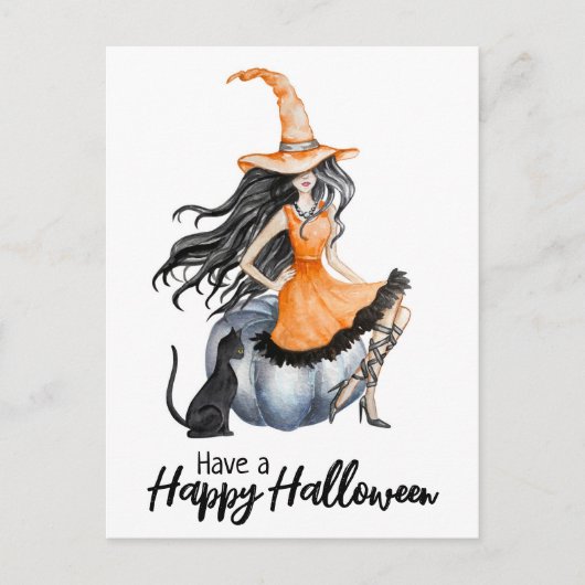 Halloween Witch en Black Cat Briefkaart (Voorkant)