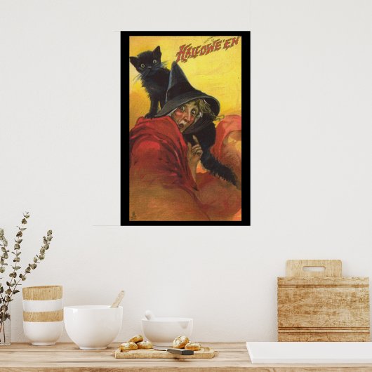 Halloween Witch en Black Cat Poster (Keuken)