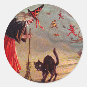 Halloween Witch en Black Cat Ronde Sticker