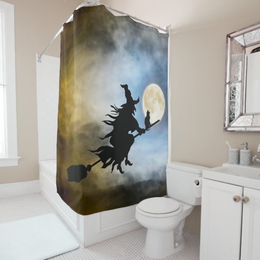 Halloween Witch en Black Cat Shower Curtain Douchegordijn (In situ)