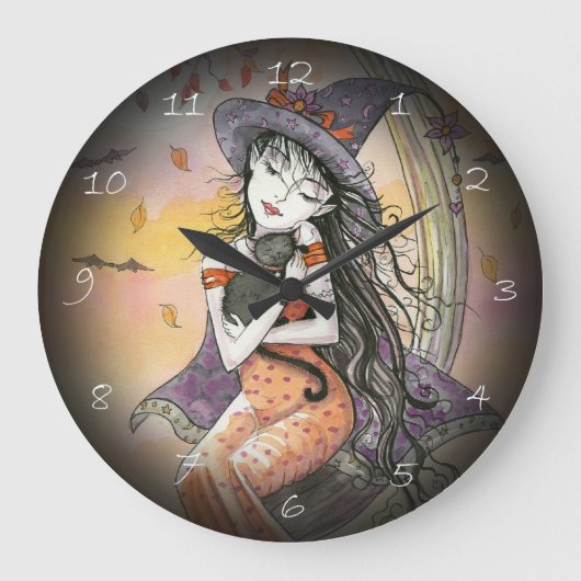 Halloween Witch en Cat Fantasy Art Clock Grote Klok (Voorkant)