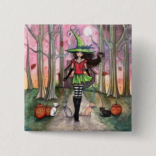 Halloween Witch en Cat Pinback Button (Voorkant)
