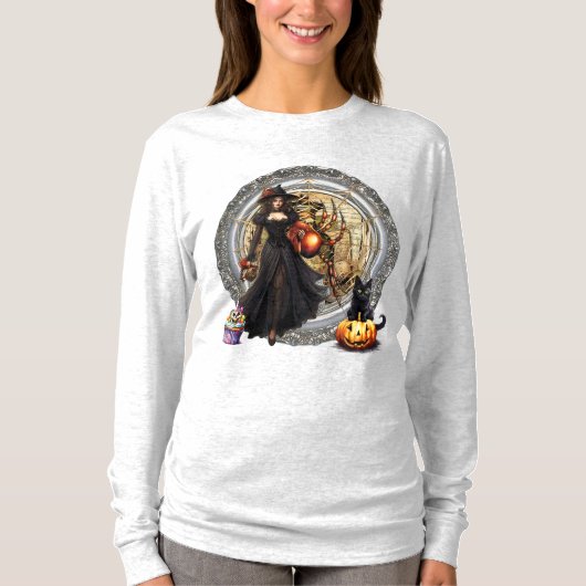 Halloween Witch en Cat T-shirt (Voorkant)