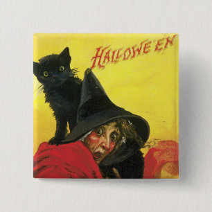  Halloween Witch en Cat Vierkante Button 5,1 Cm