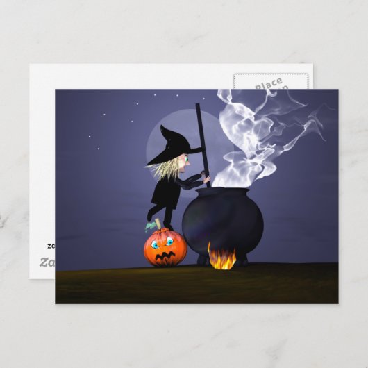Halloween Witch en Cauldron Briefkaart (Voorkant / Achterkant)