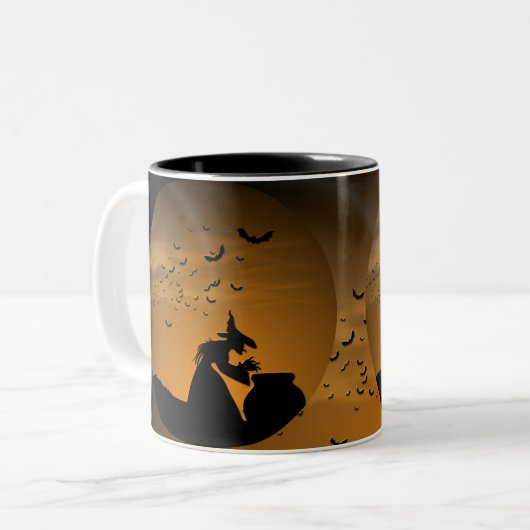 Halloween Witch en Cauldron met katten Tweekleurige Koffiemok (Voorkant links)