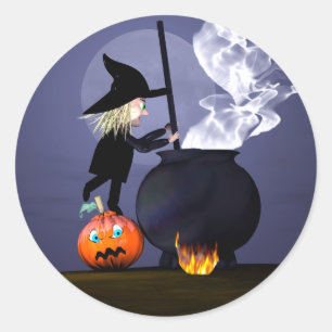 Halloween Witch en Cauldron Ronde Sticker