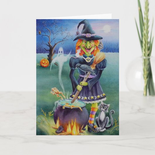 Halloween Witch en Critter Friends Waterverf Art Kaart (Voorkant)