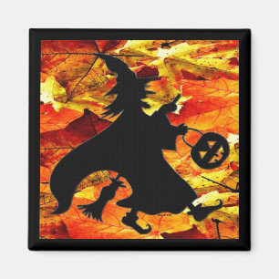 Halloween Witch en Fall Leaves Magneet