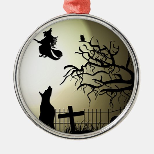 Halloween Witch en Howling Dog Metalen Ornament (Voorkant)