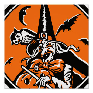 Halloween Witch en Owl Illustratie Poster