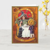 Halloween Witch en Pumpkin Head Boy Kaart (Gele Bloem)