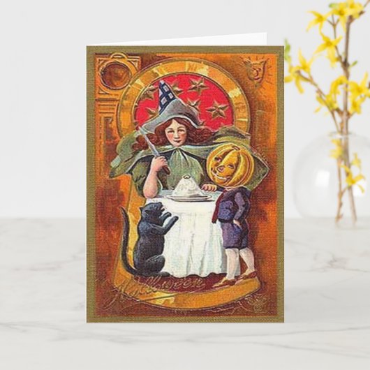  Halloween Witch en Pumpkin Head Boy Kaart (Gele Bloem)