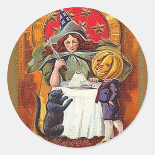 Halloween Witch en Pumpkin Head Boy Ronde Sticker