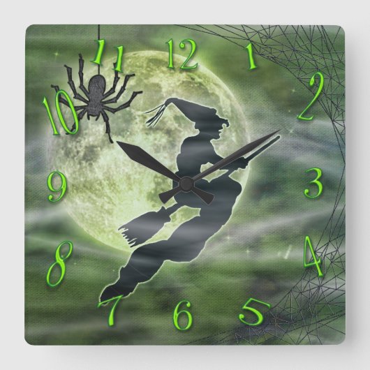 Halloween Witch en Spider Square Green Vierkante Klok (Voorkant)