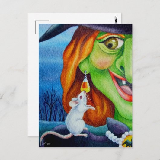 Halloween Witch en White Mouse Waterverf Art Briefkaart (Voorkant / Achterkant)