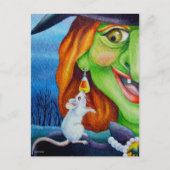 Halloween Witch en White Mouse Waterverf Art Briefkaart (Voorkant)