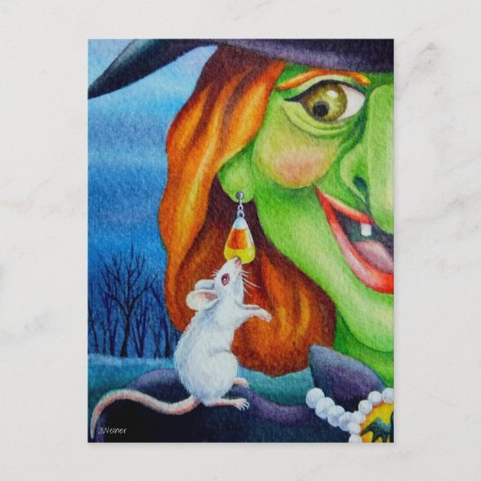 Halloween Witch en White Mouse Waterverf Art Briefkaart (Voorkant)