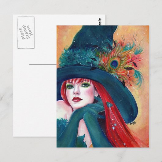 Halloween Witch Feather-postkaart van Renee Lavoie Briefkaart (Voorkant / Achterkant)