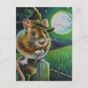 Halloween Witch Field Mouse Broom Waterverf Art Briefkaart