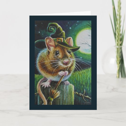 Halloween Witch Field Mouse Broom Waterverf Art Kaart (Voorkant)