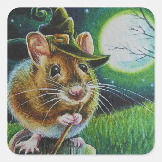 Halloween Witch Field Mouse Broom Waterverf Art Vierkante Sticker (Voorkant)