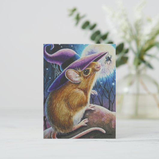 Halloween Witch Field Mouse Spider Waterverf Art Briefkaart (Staand voorkant)