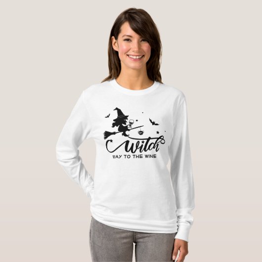 Halloween Witch Flying Broom Wine T-shirt (Voorkant volledig)