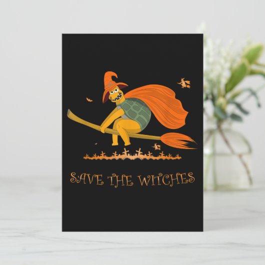 Halloween Witch Flying Turtle Broom Salem Save The Date (Staand voorkant)