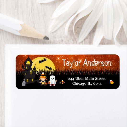 Halloween Witch Ghost Haunted House Sinaasappel Etiket (Insitu)