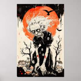Halloween Witch Ghoul Woodblock-stijl Poster
